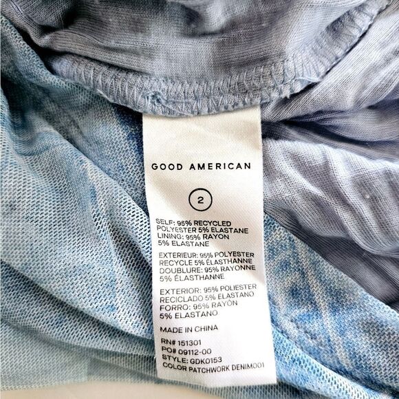 Good American Ruched Denim Patchwork Mesh Overlay Bodycon Midi Dress M - FLAW - Picture 10 of 10